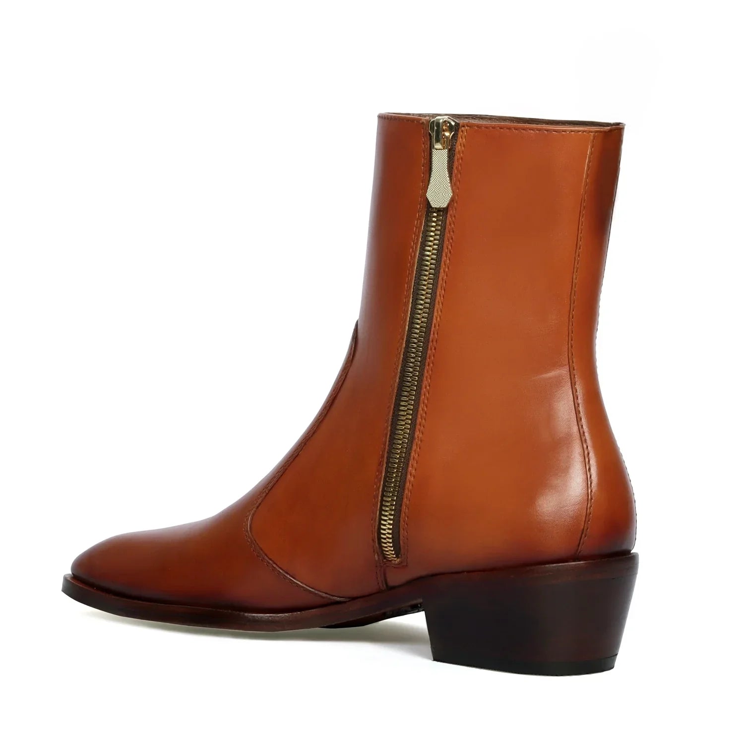 Cuban Stitched Tan Boots High Ankle Zip Closure