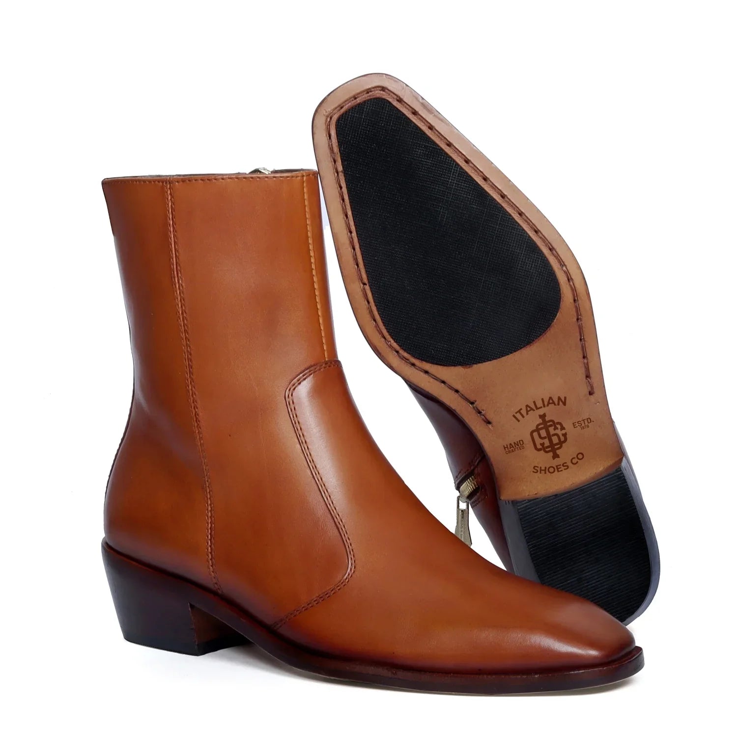 Cuban Stitched Tan Boots High Ankle Zip Closure