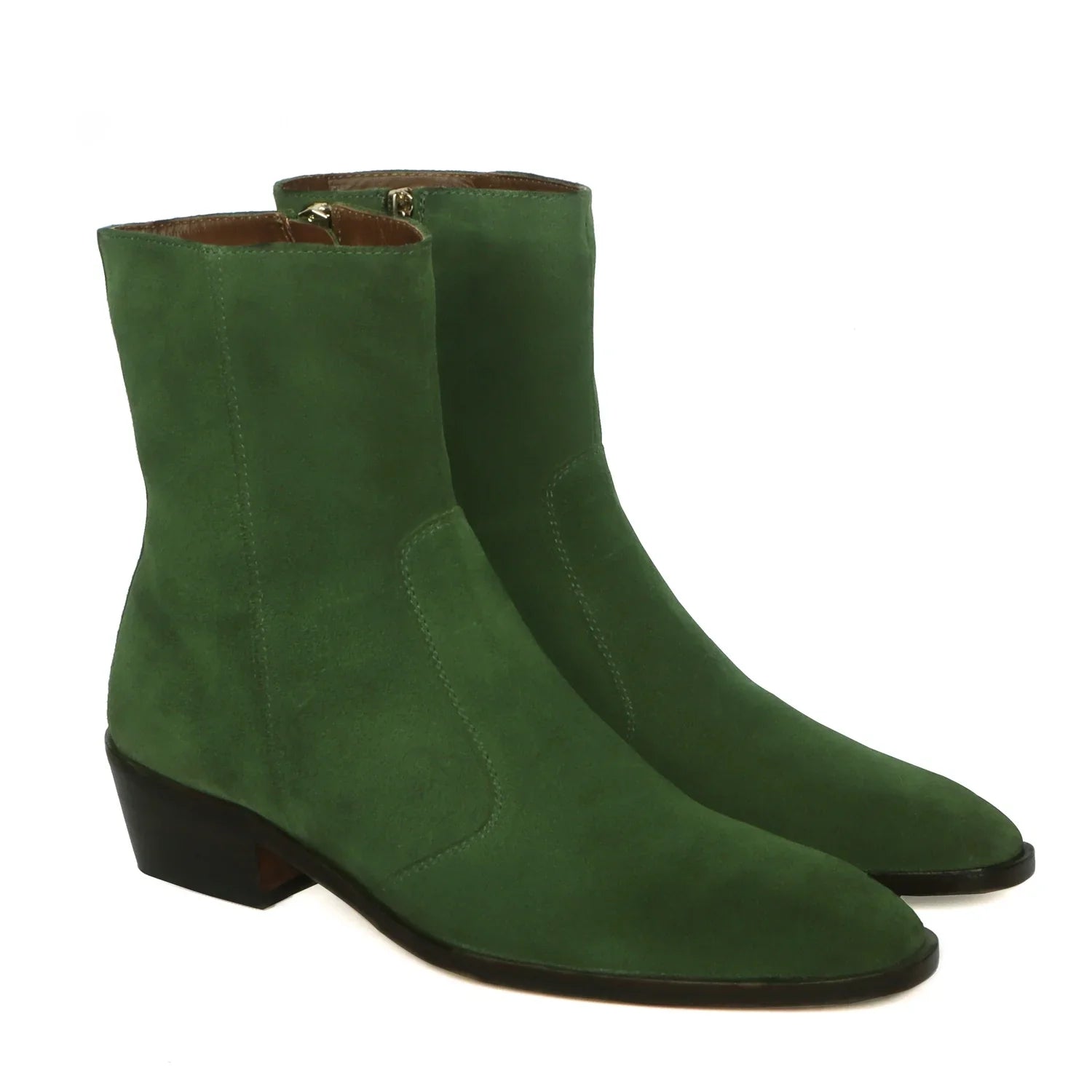 Cuban Heel Formal Boots High Ankle Green Suede Leather Zip Closure