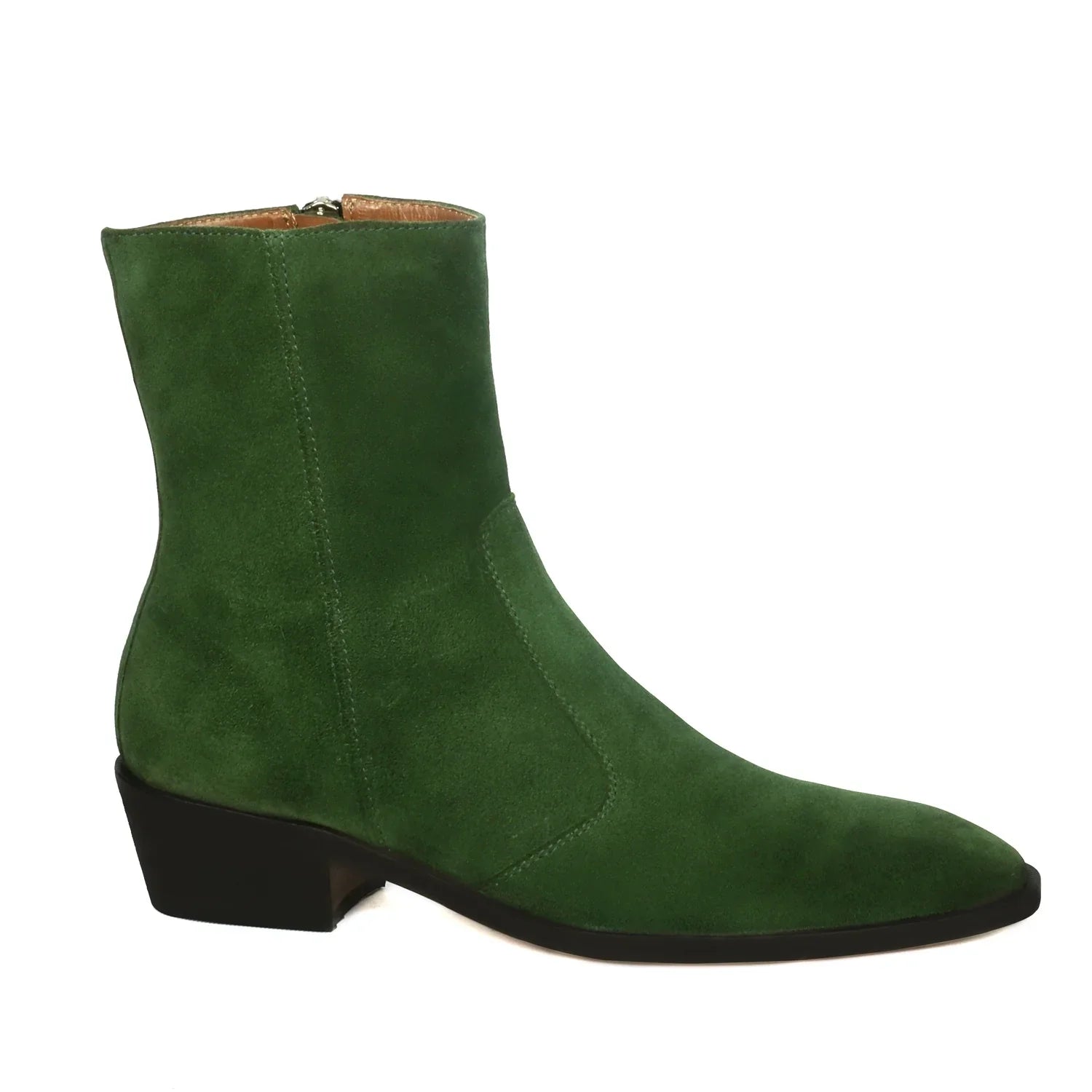 Cuban Heel Formal Boots High Ankle Green Suede Leather Zip Closure