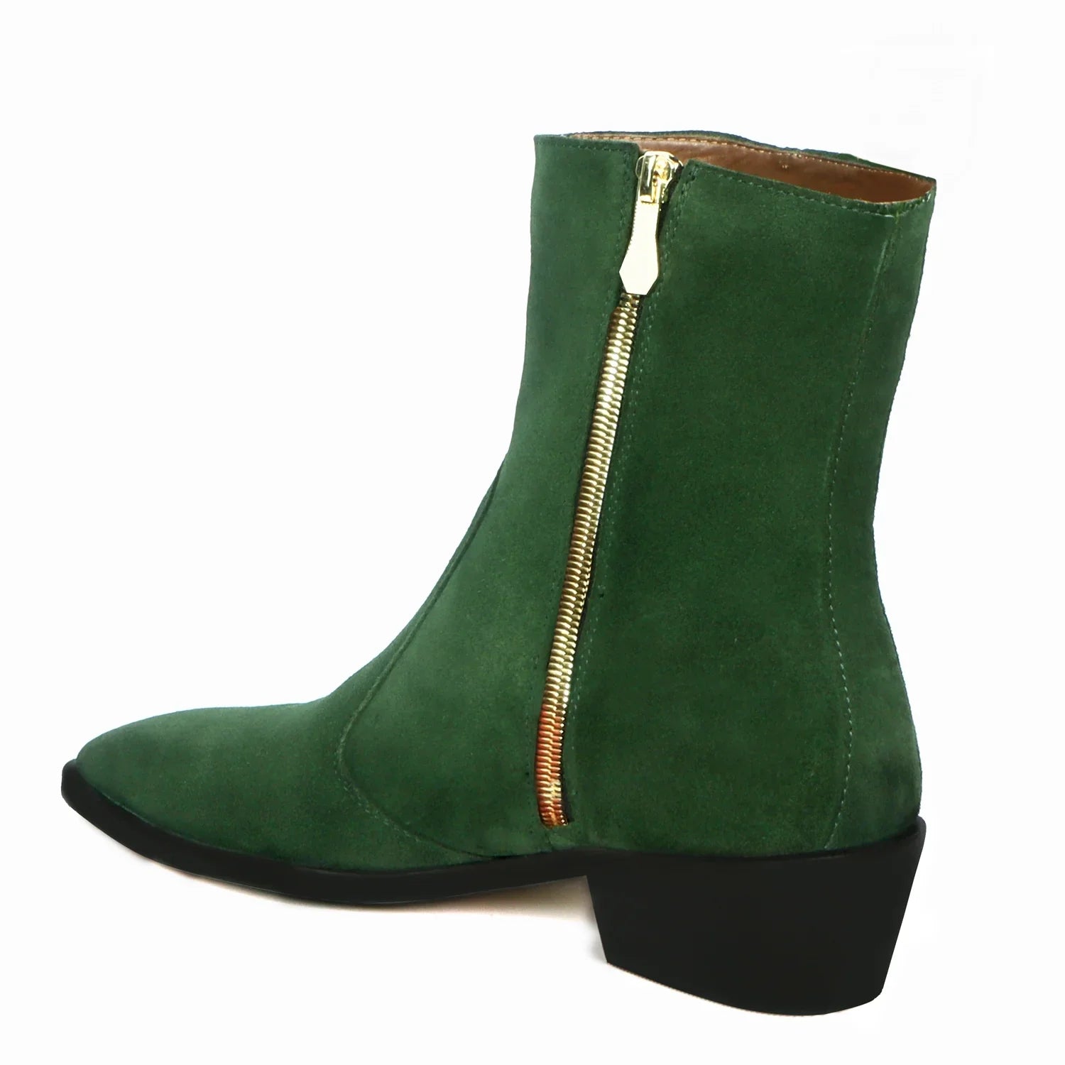Cuban Heel Formal Boots High Ankle Green Suede Leather Zip Closure