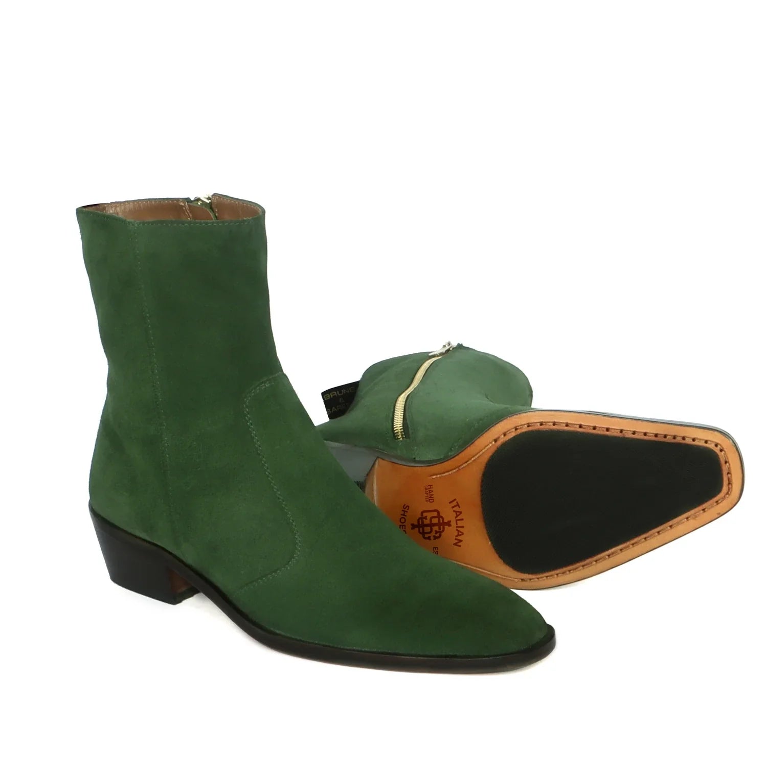 Cuban Heel Formal Boots High Ankle Green Suede Leather Zip Closure