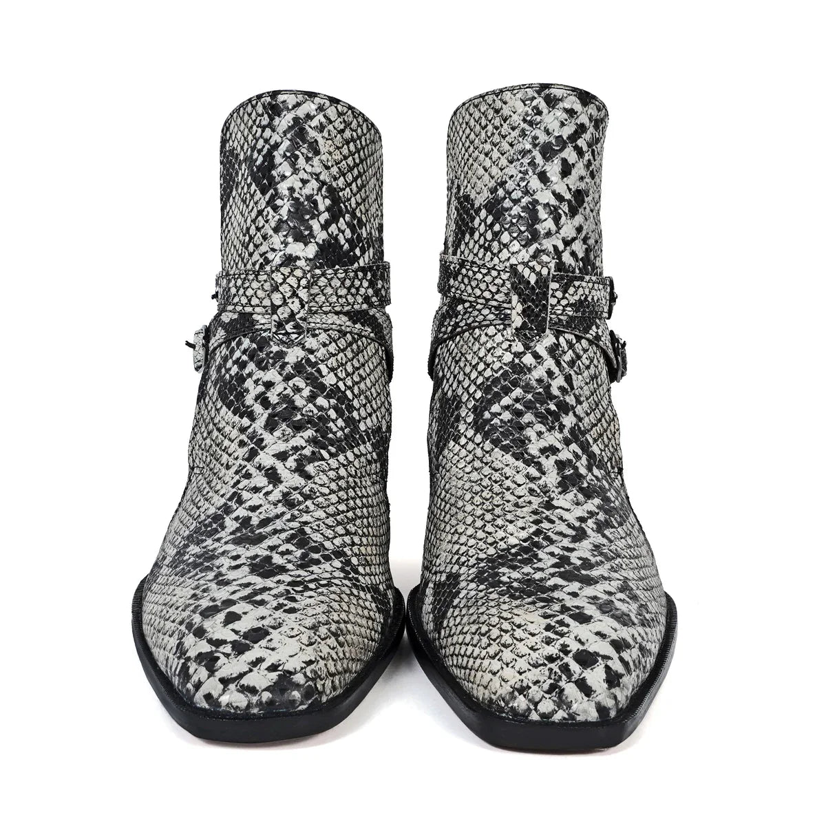 Jodhpuri Cuban Heel Boots in Black-White Snake Skin Textured Leather