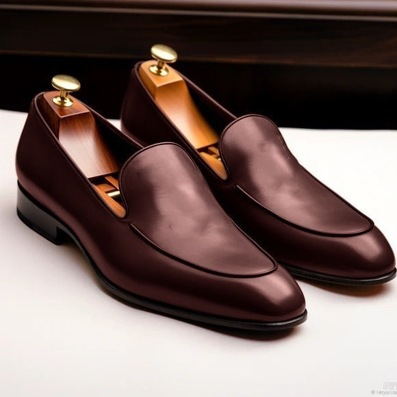 Polished Leather Plain Brown Loafer For Men