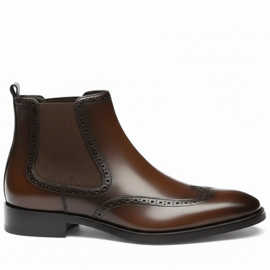 Men Polished Leather Wingtip Chelsea Boots