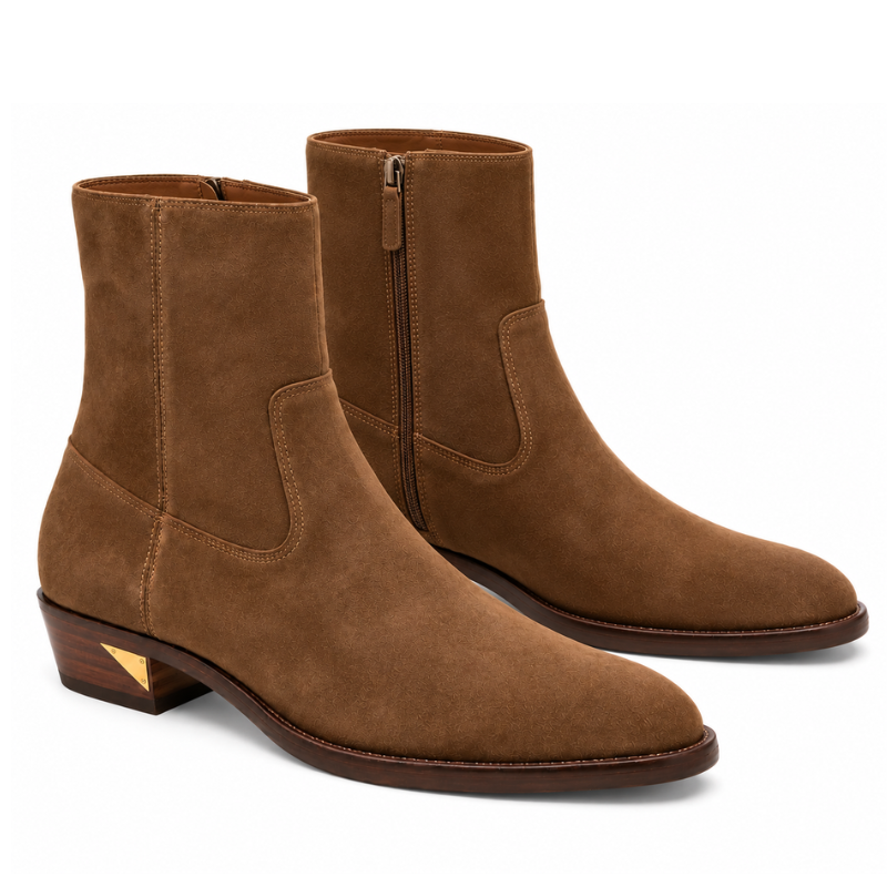 Italian Craft Side Zipper Suede Leather Stacked Heel Boot