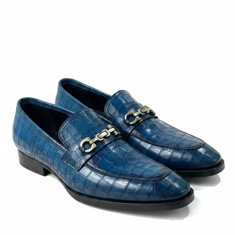 Crocodile textured Leather Loafers With Metallic Horsebit Ornament