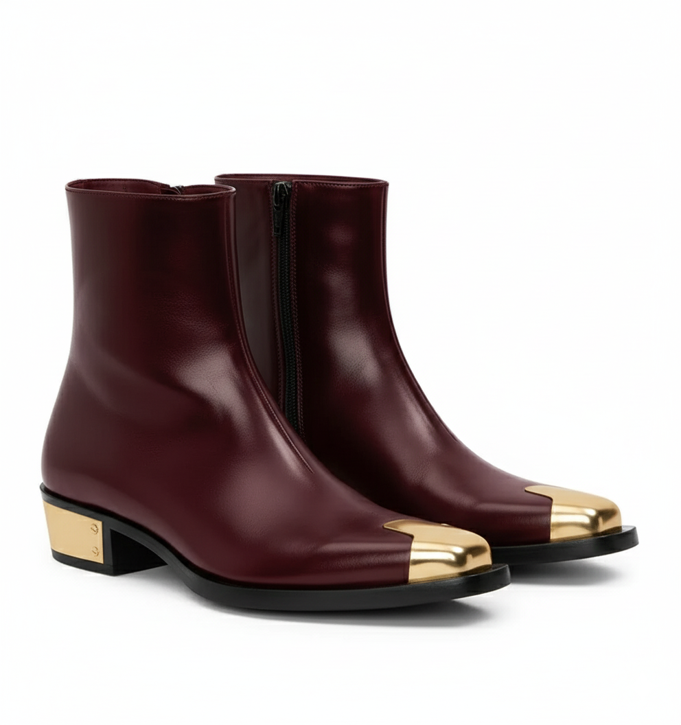 Punk Leather Boots Golden Toe Shoe