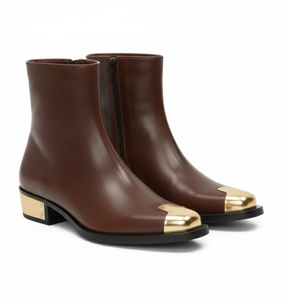 Punk Leather Boots Golden Toe Shoe