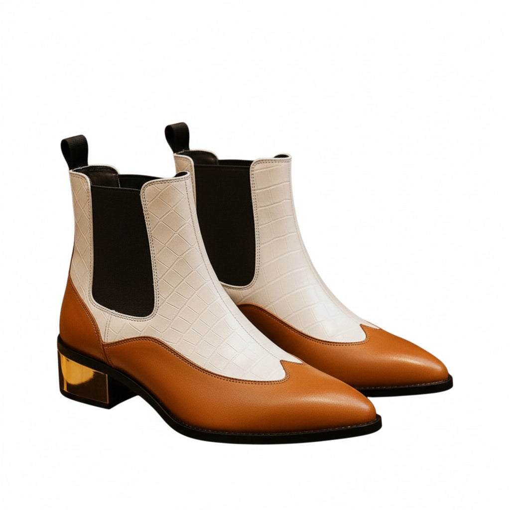 Luxury Dual-Tone Croco Leather Chelsea Boots with Metallic Gold Heel