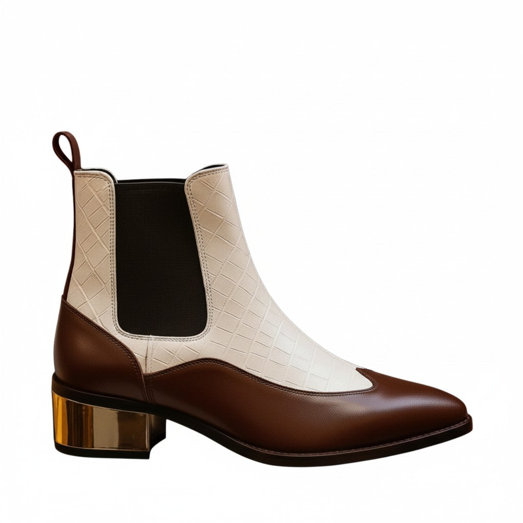 Luxury Dual Tone Croco Leather Chelsea Boots with Metallic Gold Heel