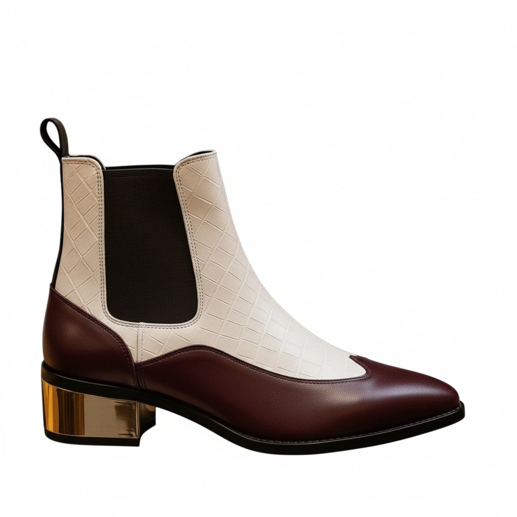 Luxury Dual Tone Croco Leather Chelsea Boots with Metallic Gold Heel
