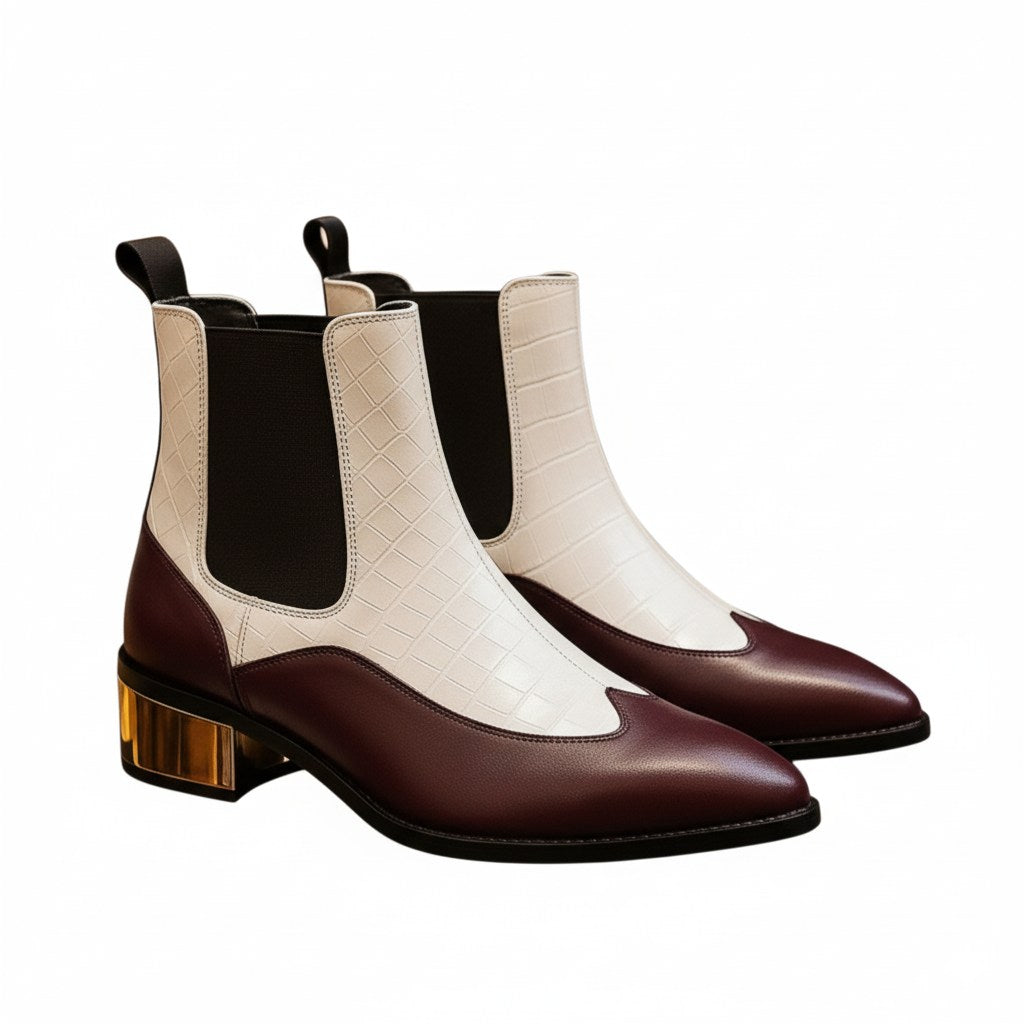 Luxury Dual-Tone Croco Leather Chelsea Boots with Metallic Gold Heel