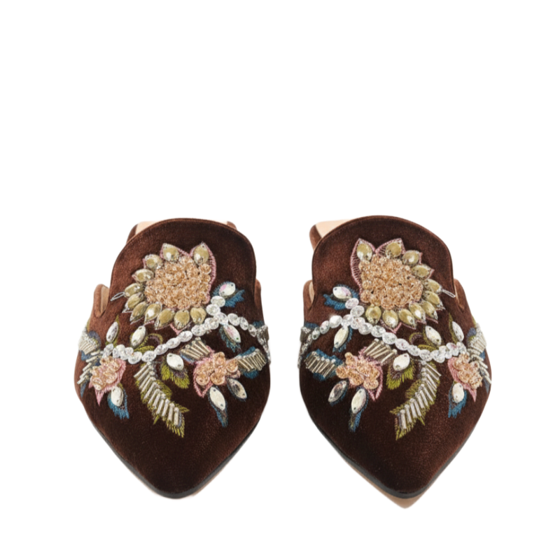 Floral Embroidered Midnight Velvet Women Mules
