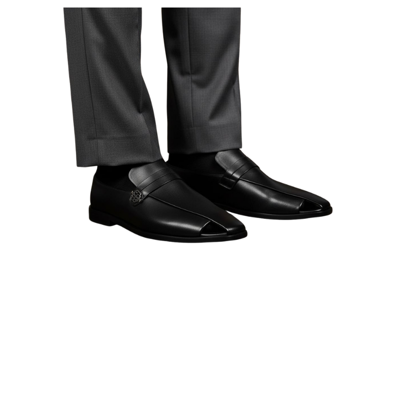 Italian Luxe Silver Emblem Open-Toe Loafers