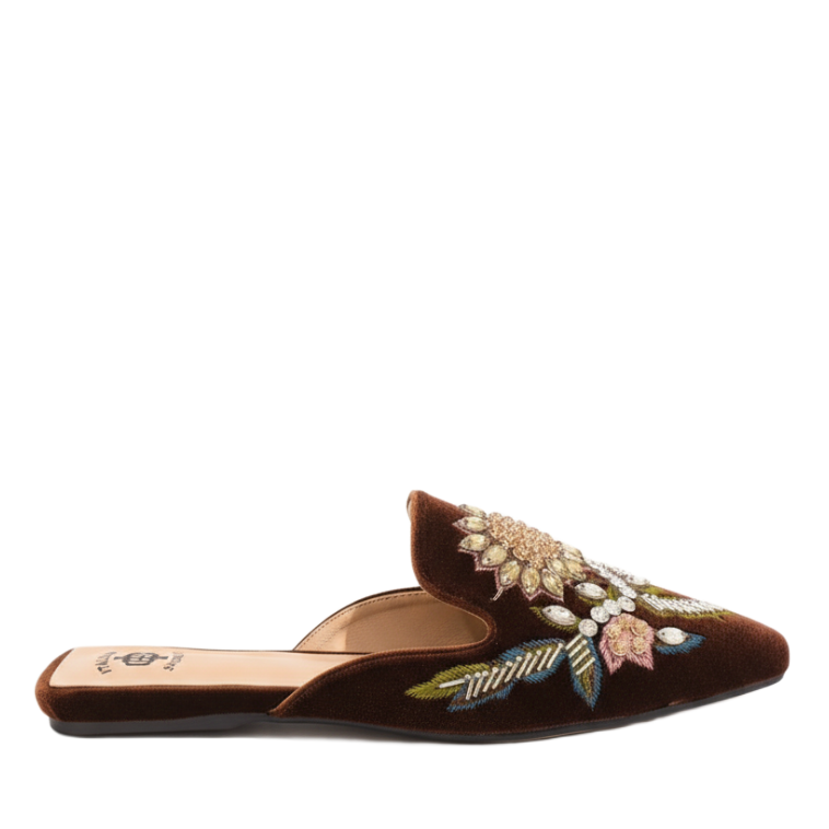 Floral Embroidered Midnight Velvet Women Mules
