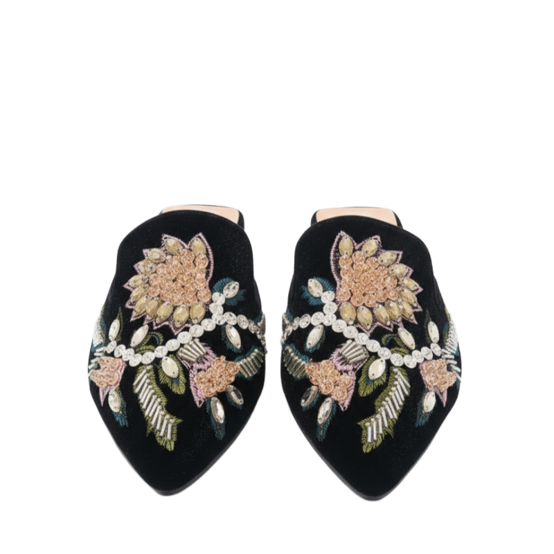 Floral Embroidered Midnight Velvet Women Mules