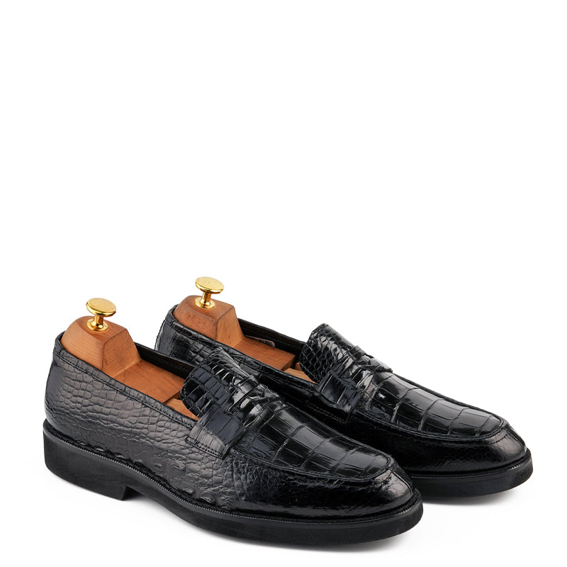 Handmade Croco Print Penny Leather Black Loafer