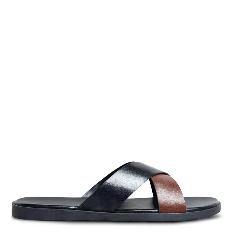 Cross Style Premium Solid Leather Black / Brown Slipper