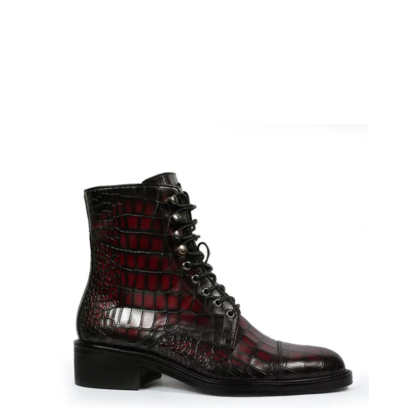 Croco Leather Lace Up High Ankle Boot Burgundy