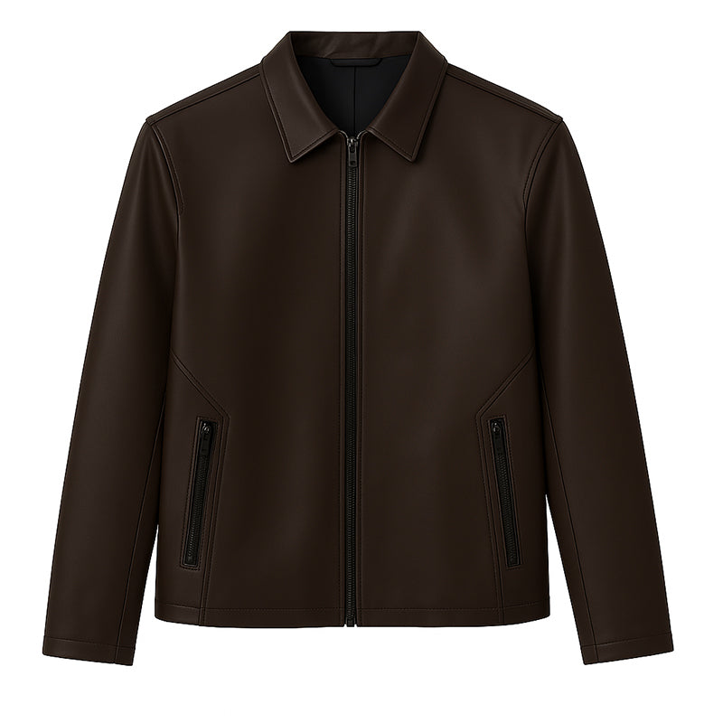 Men s Plain Casual Brown Leather Jacket with Collar