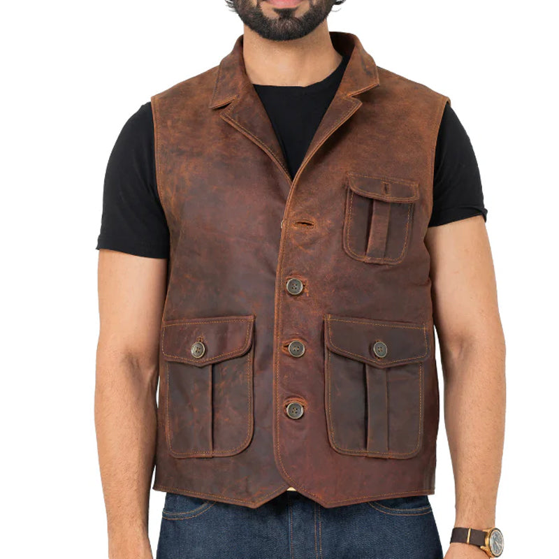 Men Slim Fit Half Sleeve Leather Jacket