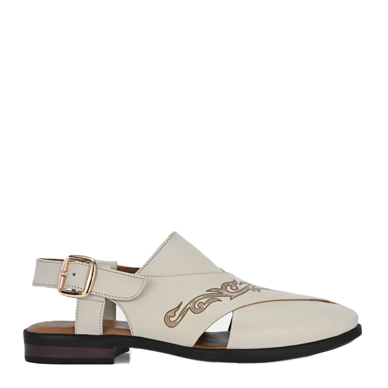 Back Strap Handpainted Leather Peshawari Off White Sandal