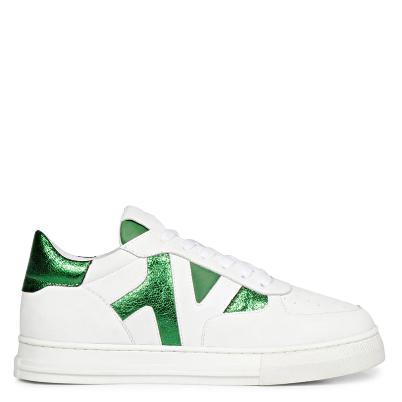 Leather Handcrafted White and Green Sneaker For Men