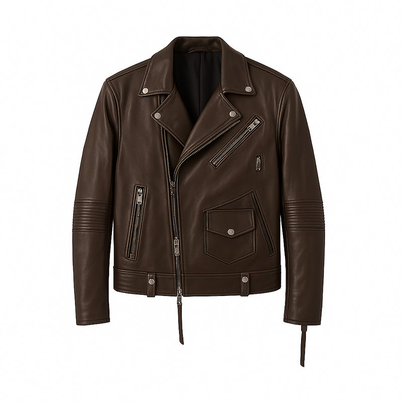 Men's Tan Leather Biker Jacket with Zippers