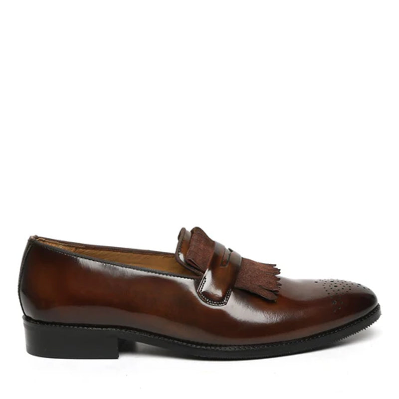 Patent Leather Slip On Brown Shoe With Fringes