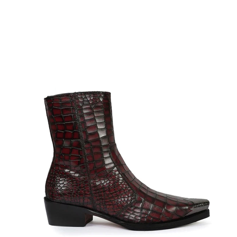 Luxury Croco Print Leather Side Zipper Boot Burgundy