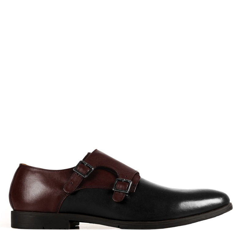 Leather Double Monk Strap Brown and Tan Shoe For Men