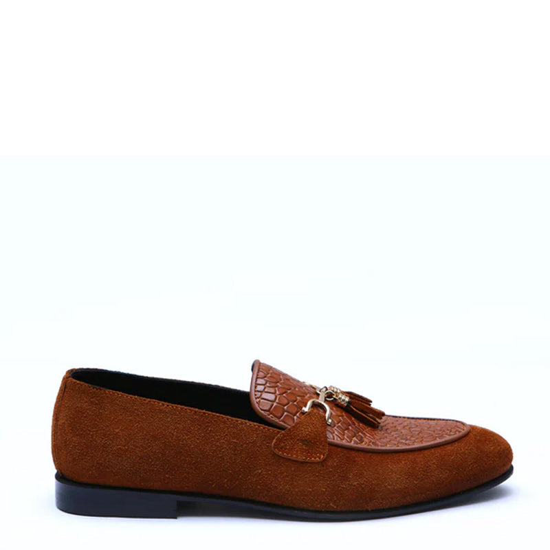 Pure Suede Leather Tassel Black Loafer With Gold Buckle