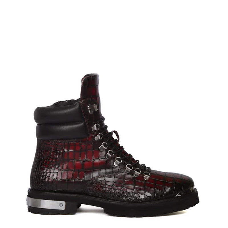Croco Deep Cut Leather Lace-UP Ankle Boot Burgundy