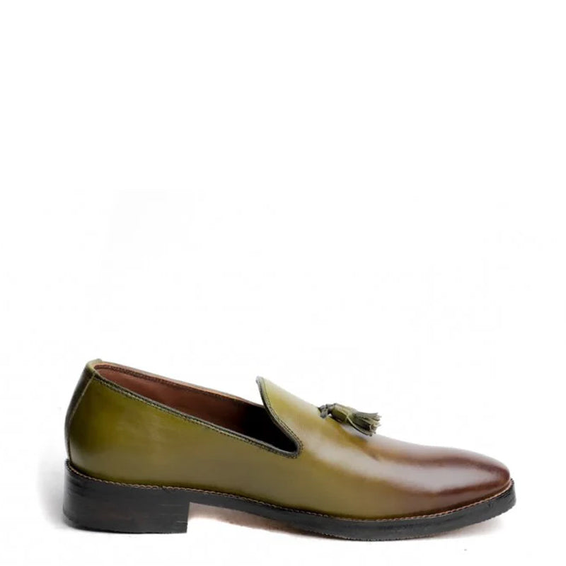 Casual Olive Slip On Leather Tassel Loafer