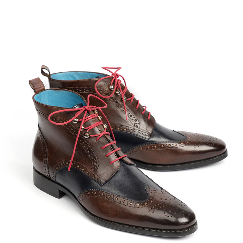 Men Dual Tone Leather Wingtip Ankle Green & Blue Burgundy Boot