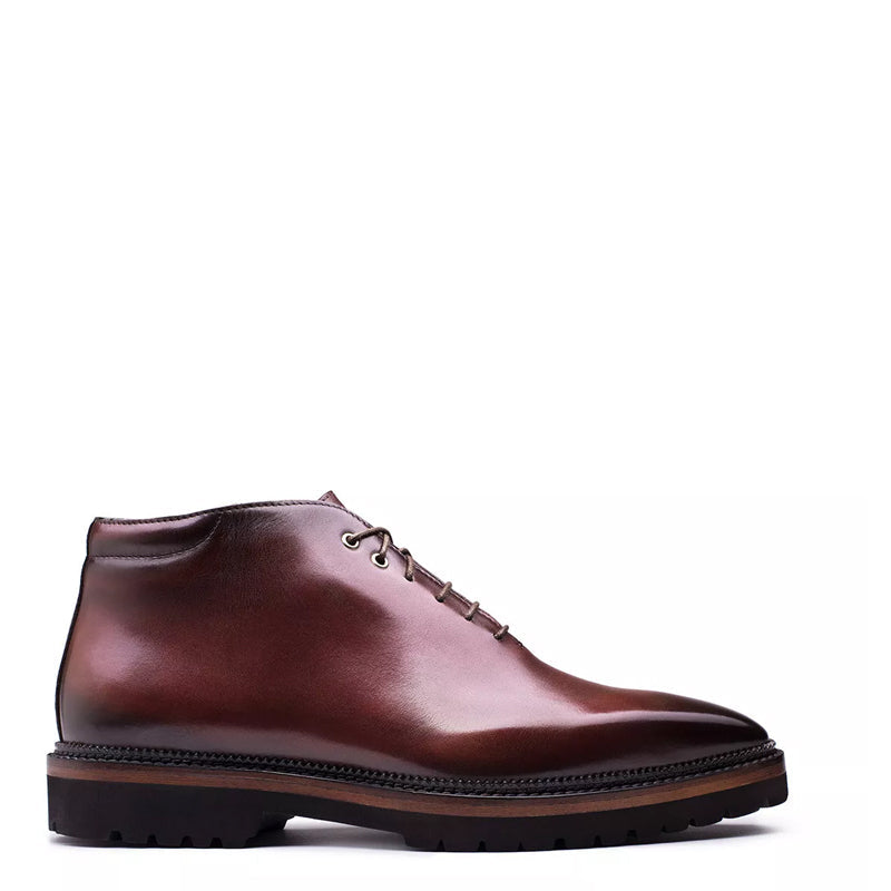 Patina Tan Brown Wholecut Shiny Leather Derby Ankle Boots