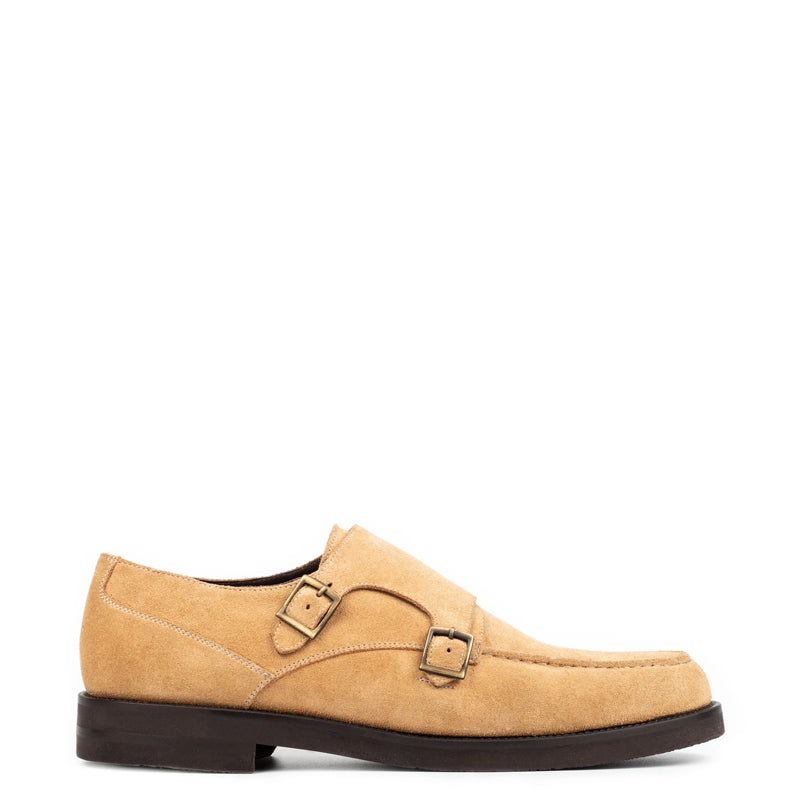 Men Suede Leather Double Monk Straps Brown Shoe