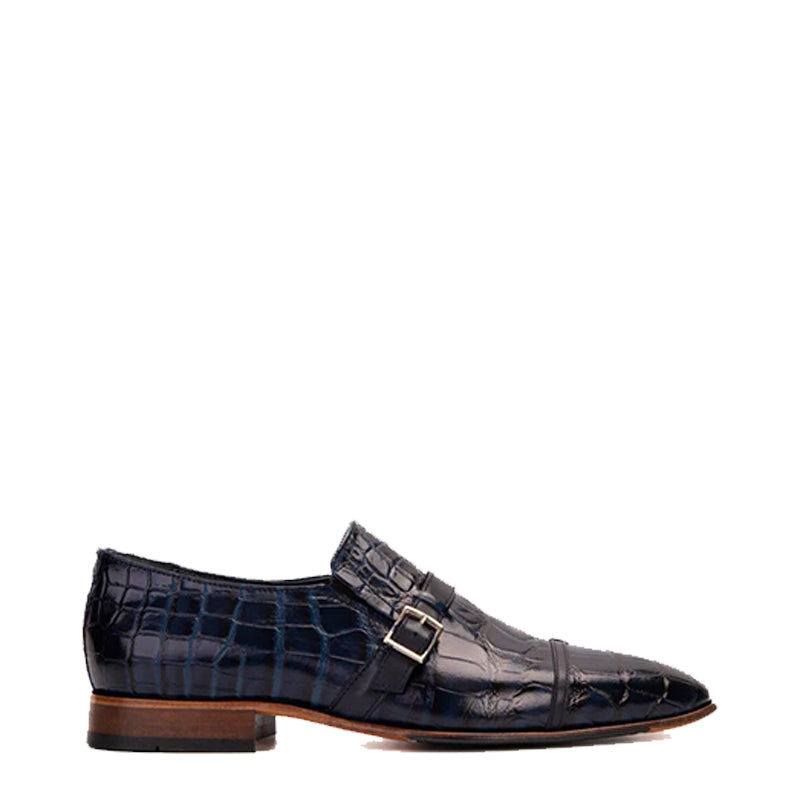 Blue Leather Single Monk Strap Cap Toe Men Shoe