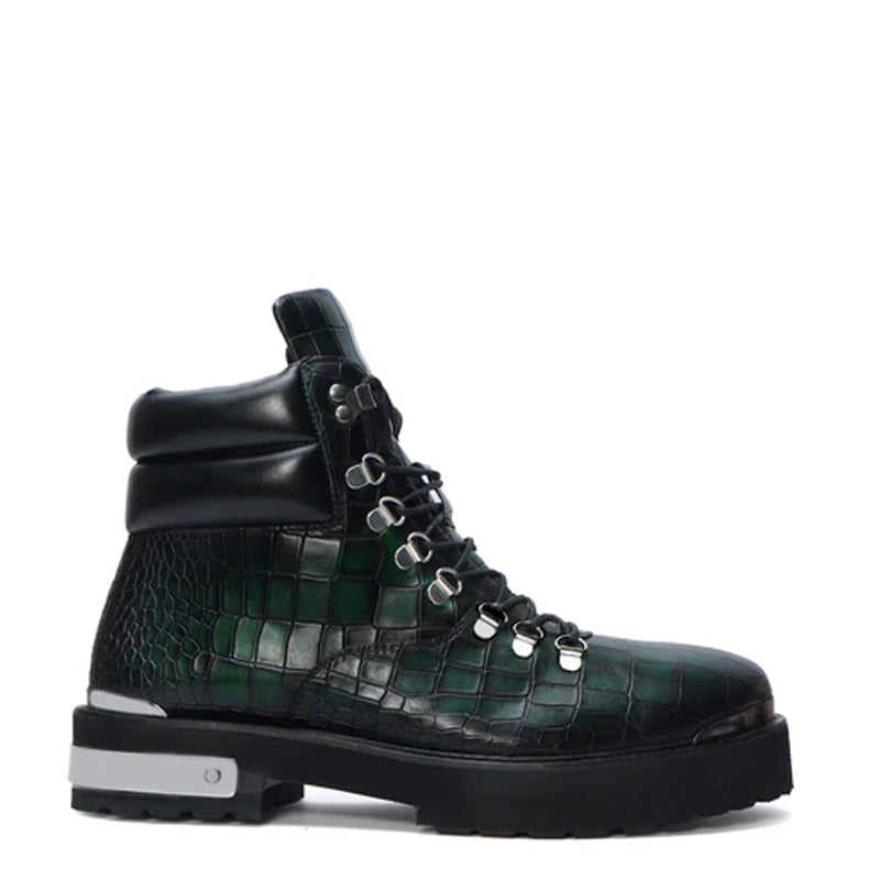 Croco Deep Cut Leather Lace-UP Ankle Boot