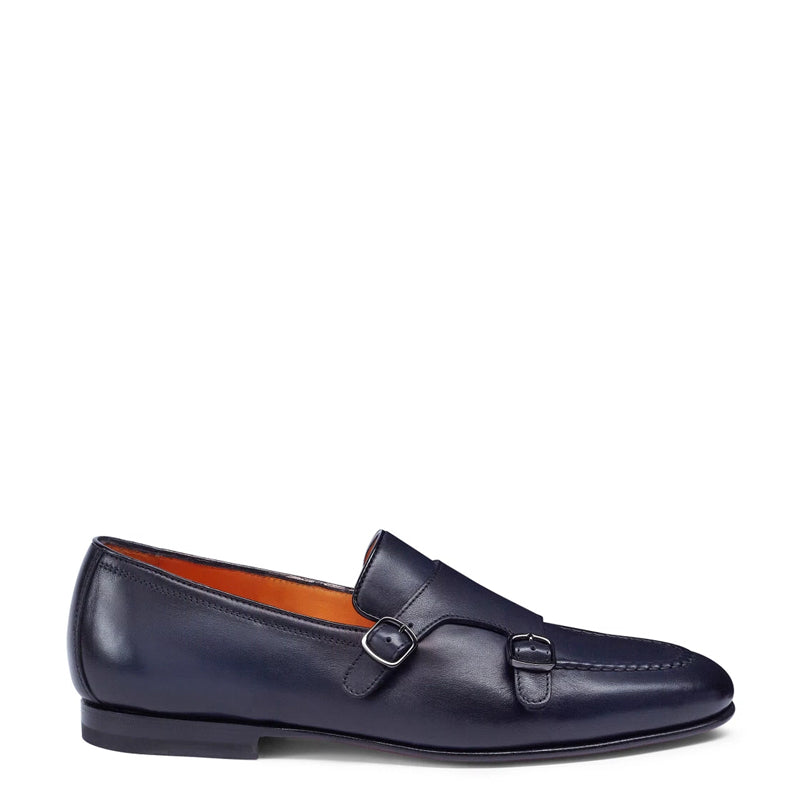 Men Black Polished Double Buckle Leather Loafer