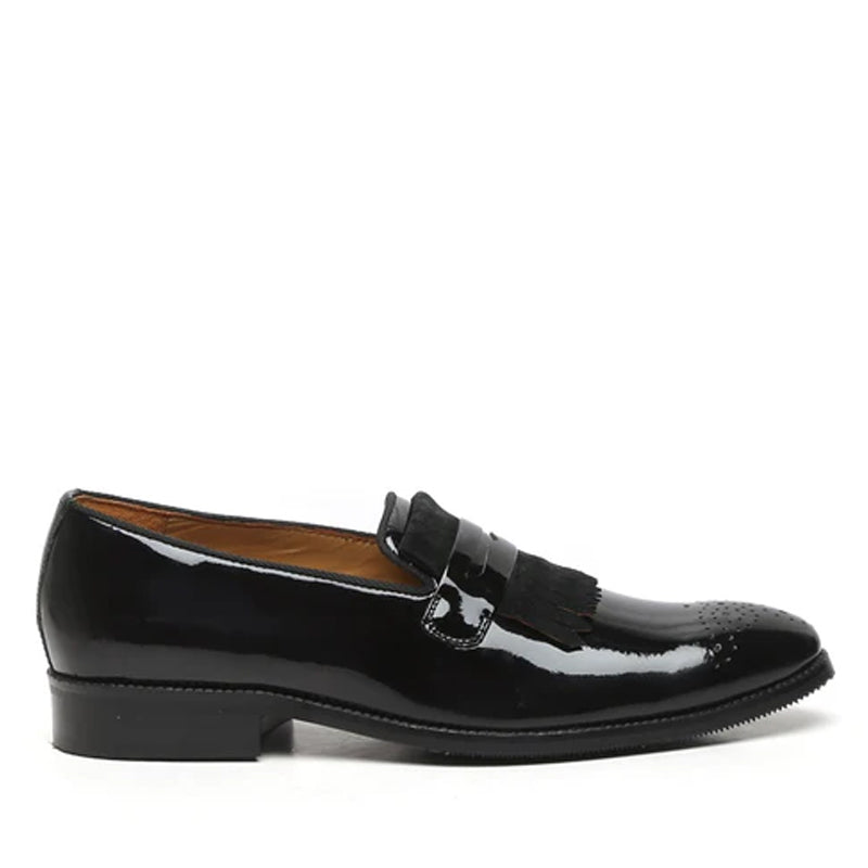 Patent Leather Slip On Brown Shoe With Fringes