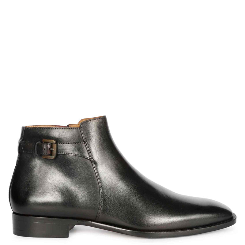 Men Solid Leather Side Zipper Black Boot With Buckle