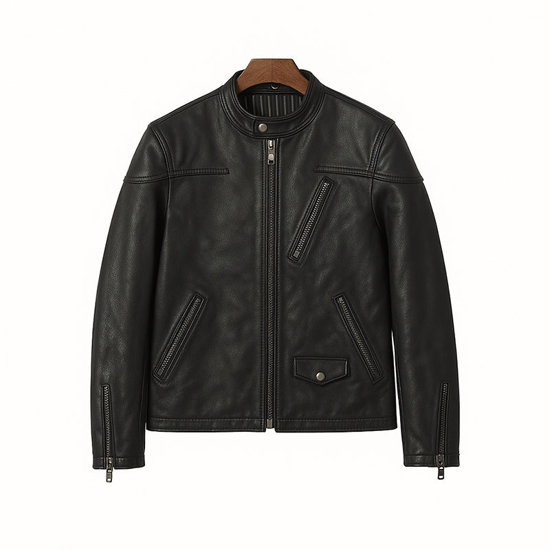 Men’s Zip-Up Vintage Tan Biker Jacket with Stand Collar & Pockets