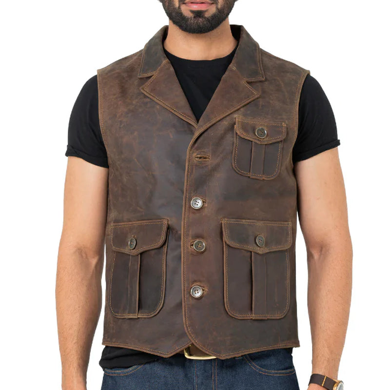 Men Slim Fit Half Sleeve Leather Jacket