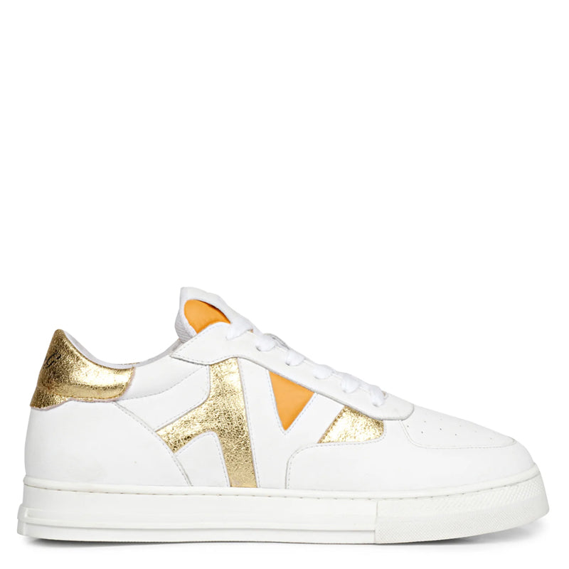Leather Handcrafted White and Yellow Sneaker For Men