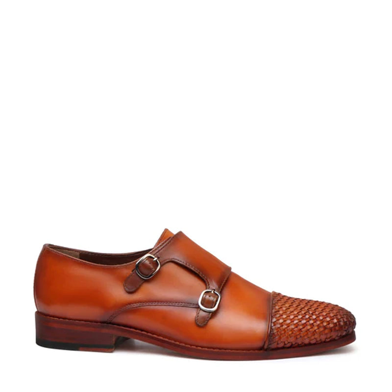 Double Monk Woven Leather Cap-Toe Tan Shoe