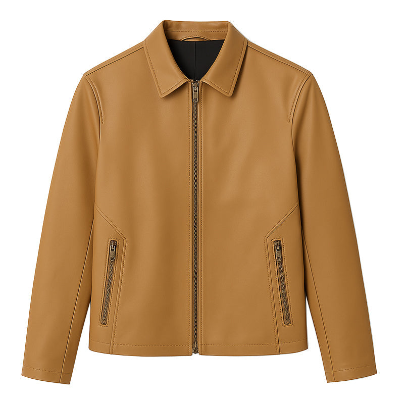 Men's Plain Casual Beige Leather Jacket with Collar