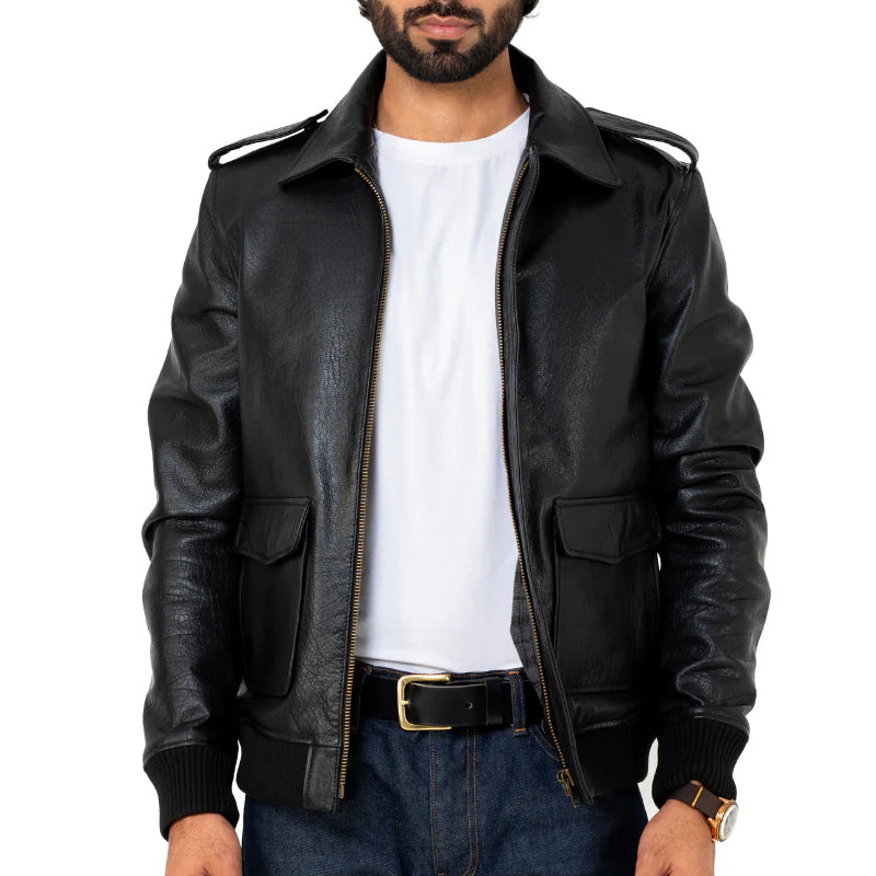 Men Solid Slim Fit Leather Bomber Jacket