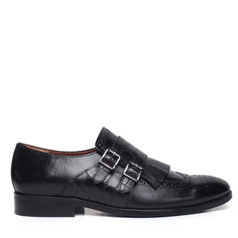 Croco Textured Double Monk Tan Shoe with Fringes